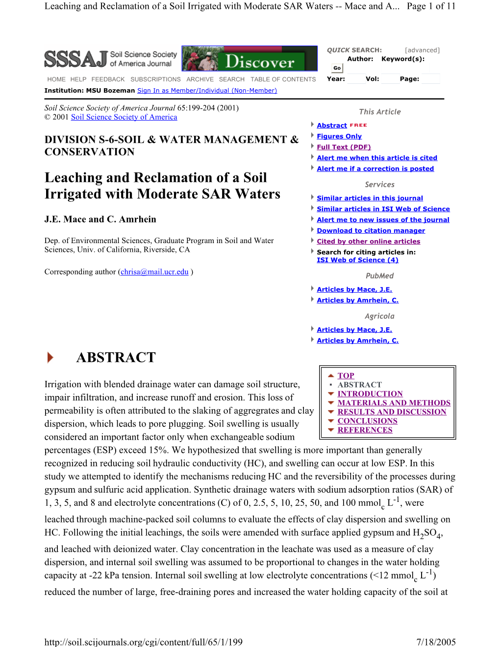 Leaching and Reclamation of a Soil Irrigated with Moderate SAR Waters -- Mace and A