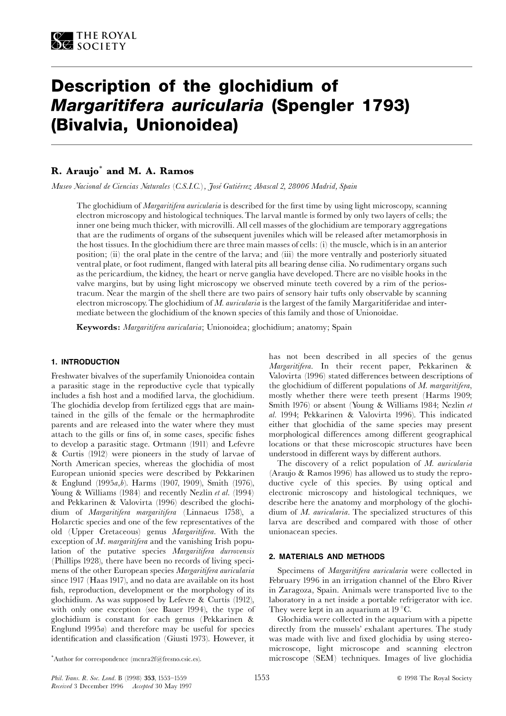 Description of the Glochidium of Margaritifera Auricularia (Spengler 1793) (Bivalvia, Unionoidea)