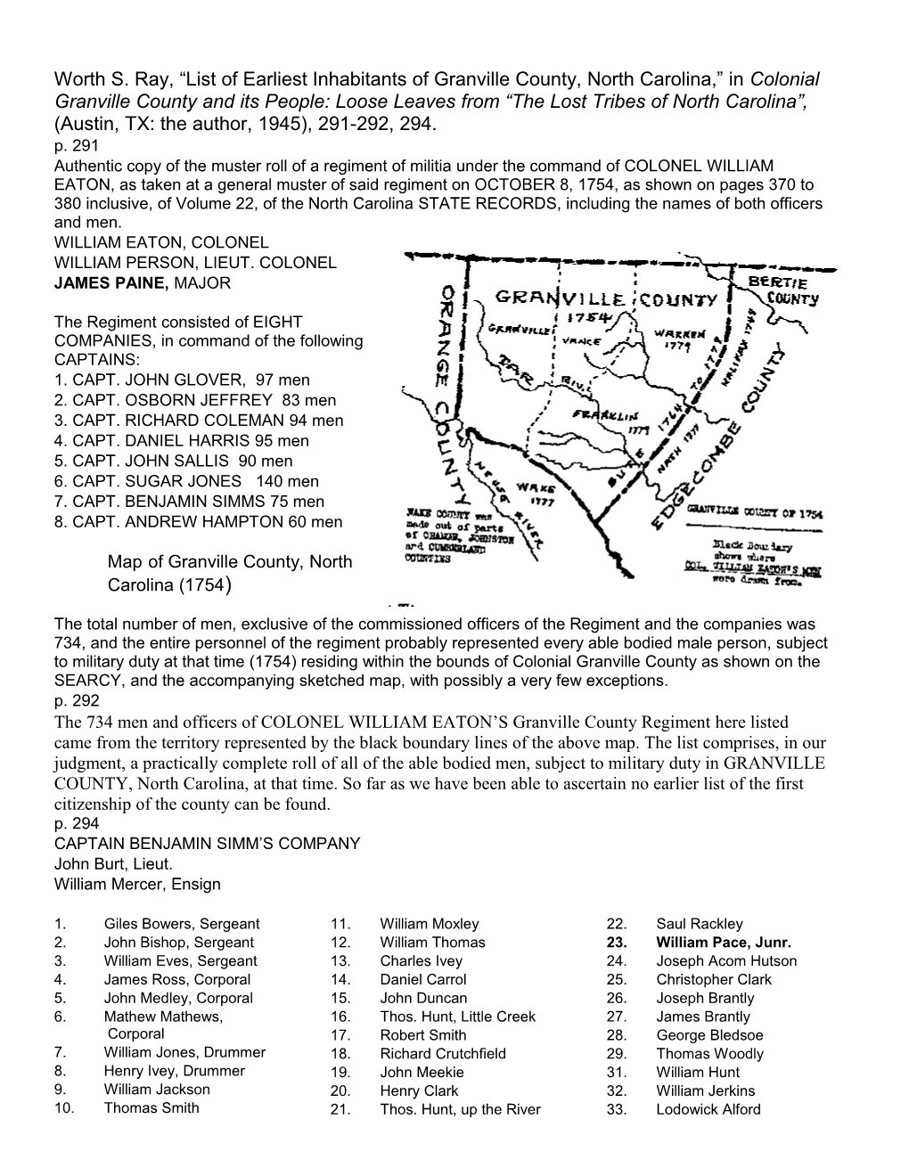 Worth S. Ray, List of Earliest Inhabitants of Granville County, North Carolina, in Colonial