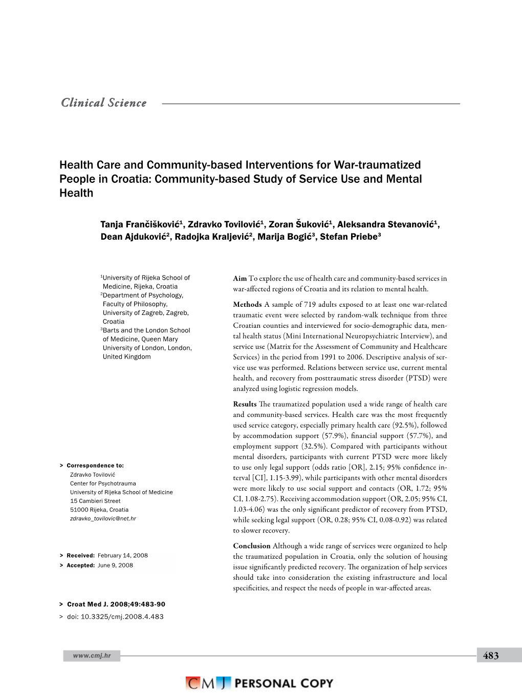 Health Care and Community-Based Interventions for War-Traumatized People in Croatia: Community-Based Study of Service Use and Mental Health