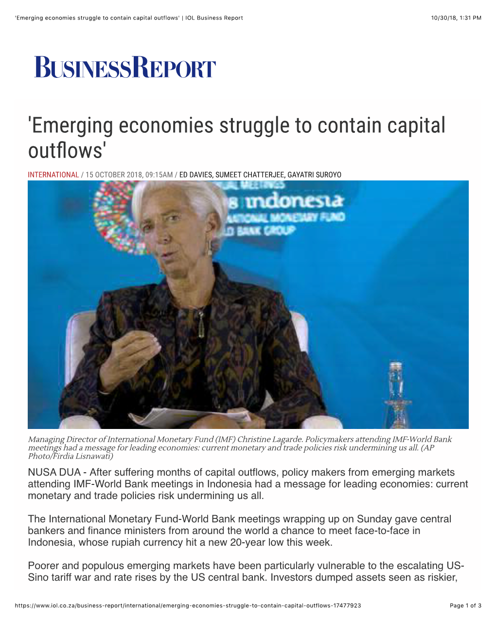 Emerging Economies Struggle to Contain Capital Outflows' | IOL Business Report 10/30/18, 1:31 PM