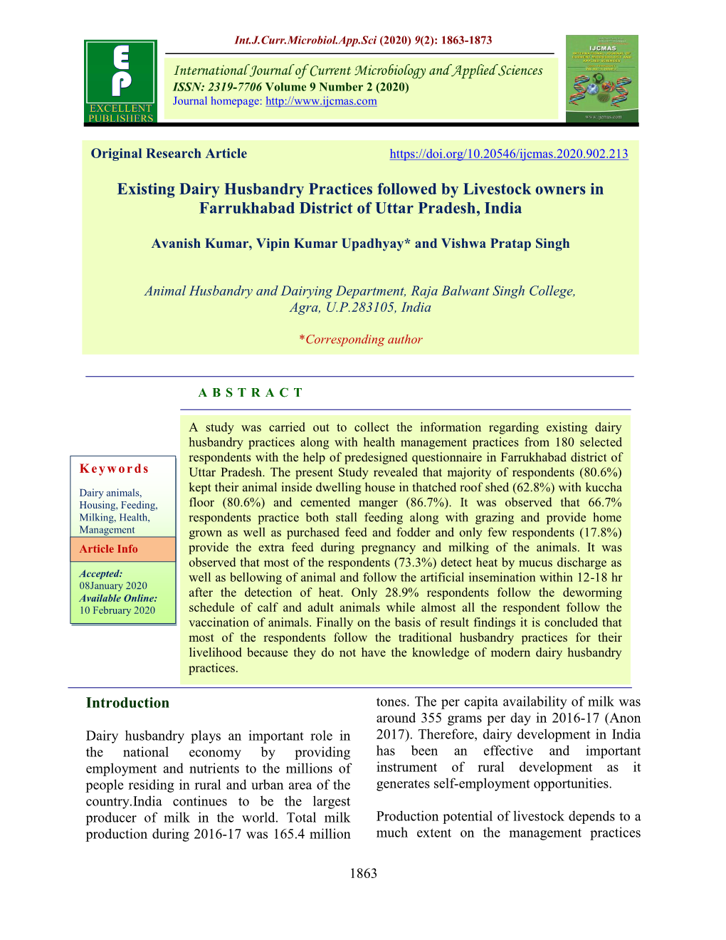 Existing Dairy Husbandry Practices Followed by Livestock Owners in Farrukhabad District of Uttar Pradesh, India