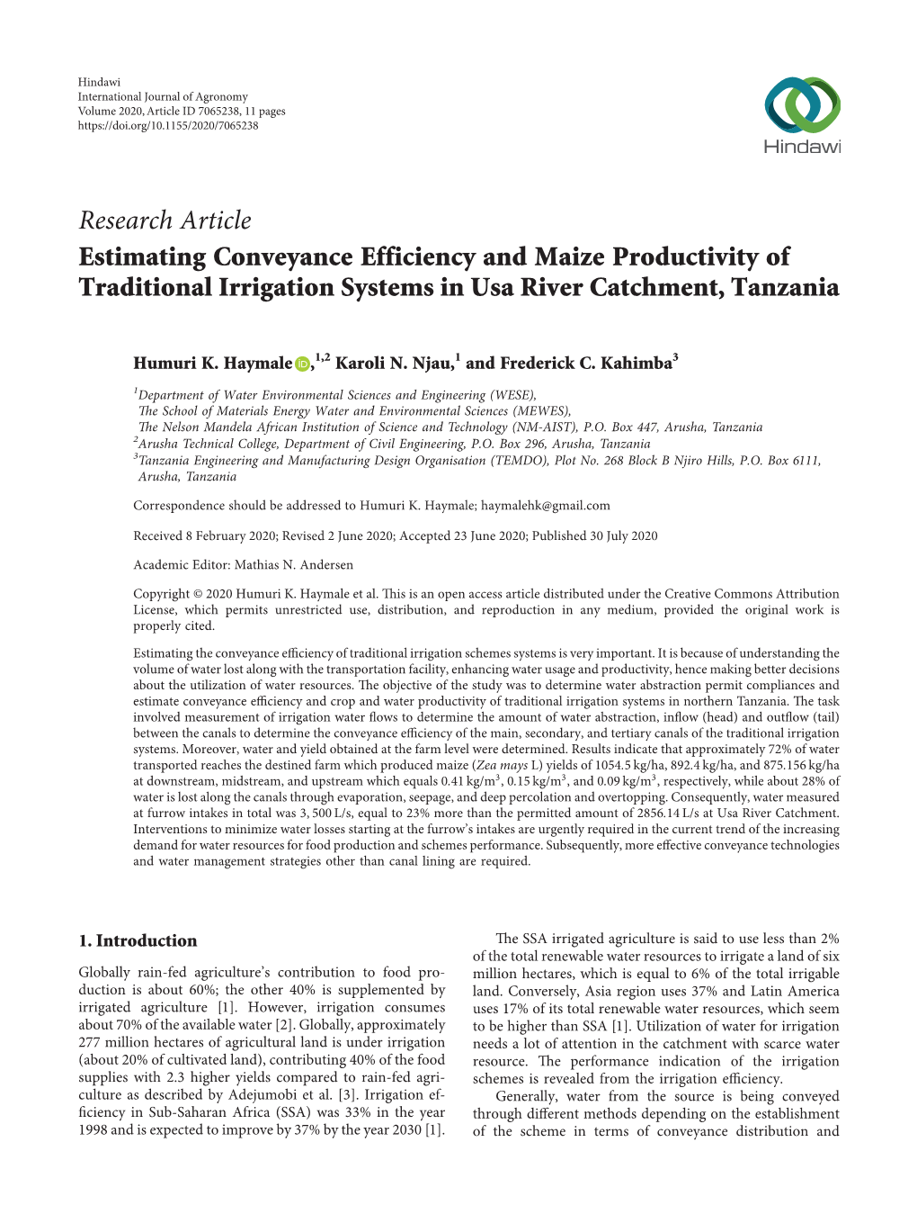 Research Article Estimating Conveyance Efficiency and Maize Productivity of Traditional Irrigation Systems in Usa River Catchment, Tanzania