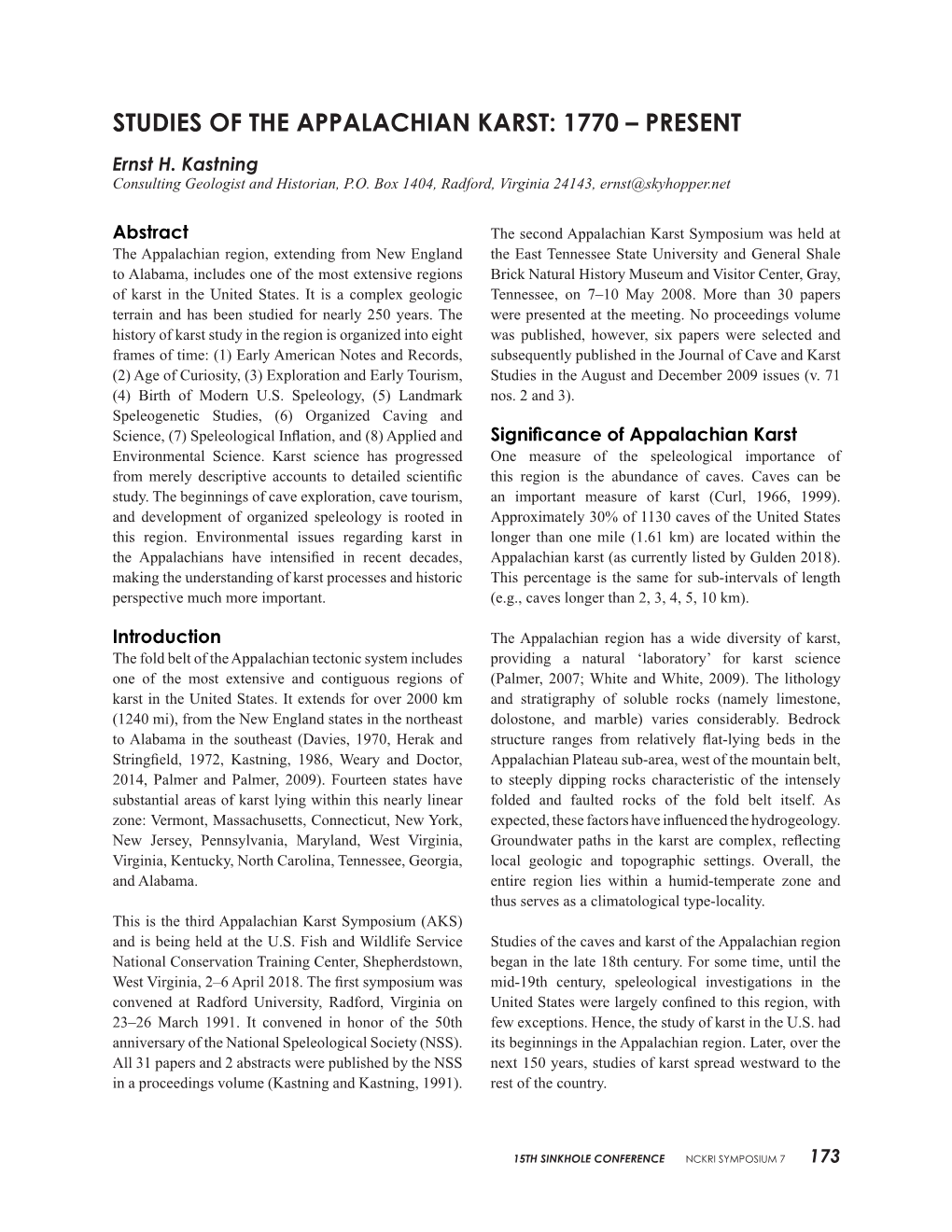 Studies of the Appalachian Karst: 1770 – Present