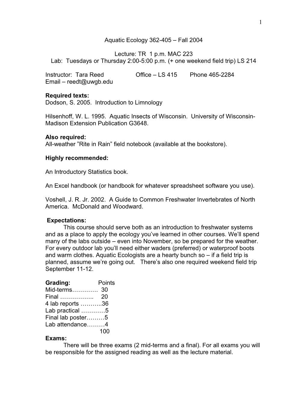 Aquatic Ecology 362-405 Fall 2004