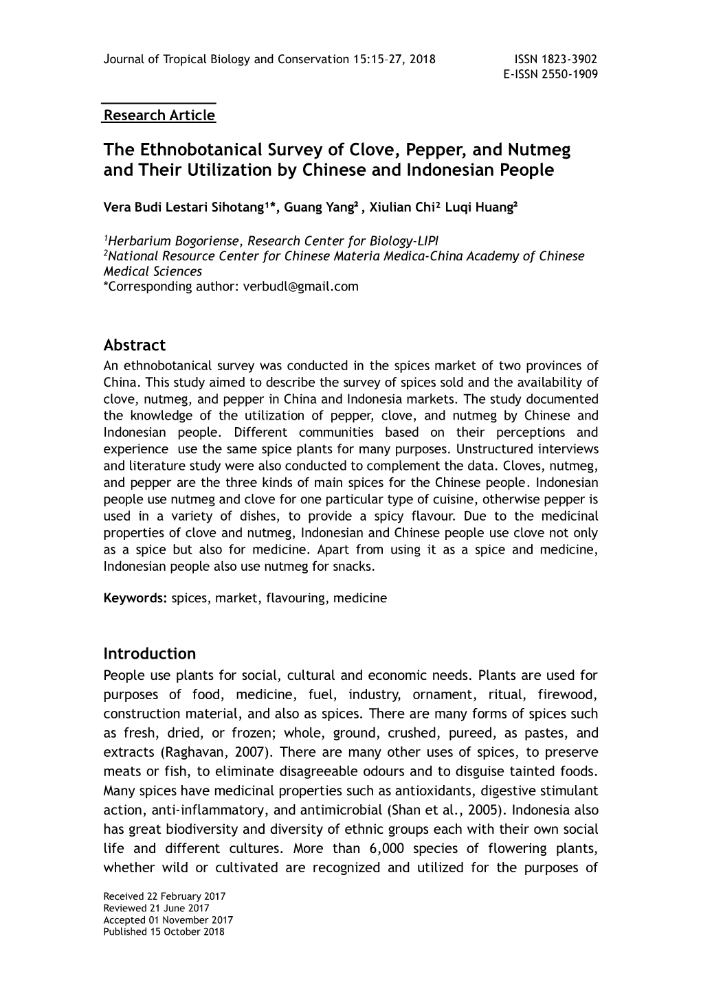 The Ethnobotanical Survey of Clove, Pepper, and Nutmeg and Their Utilization by Chinese and Indonesian People