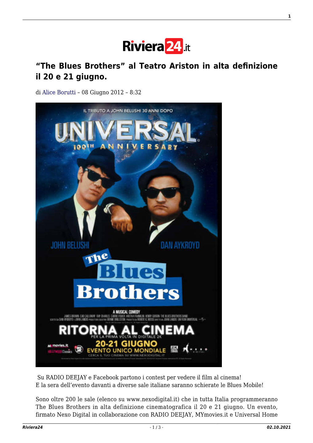 The Blues Brothers” Al Teatro Ariston in Alta Deﬁnizione Il 20 E 21 Giugno