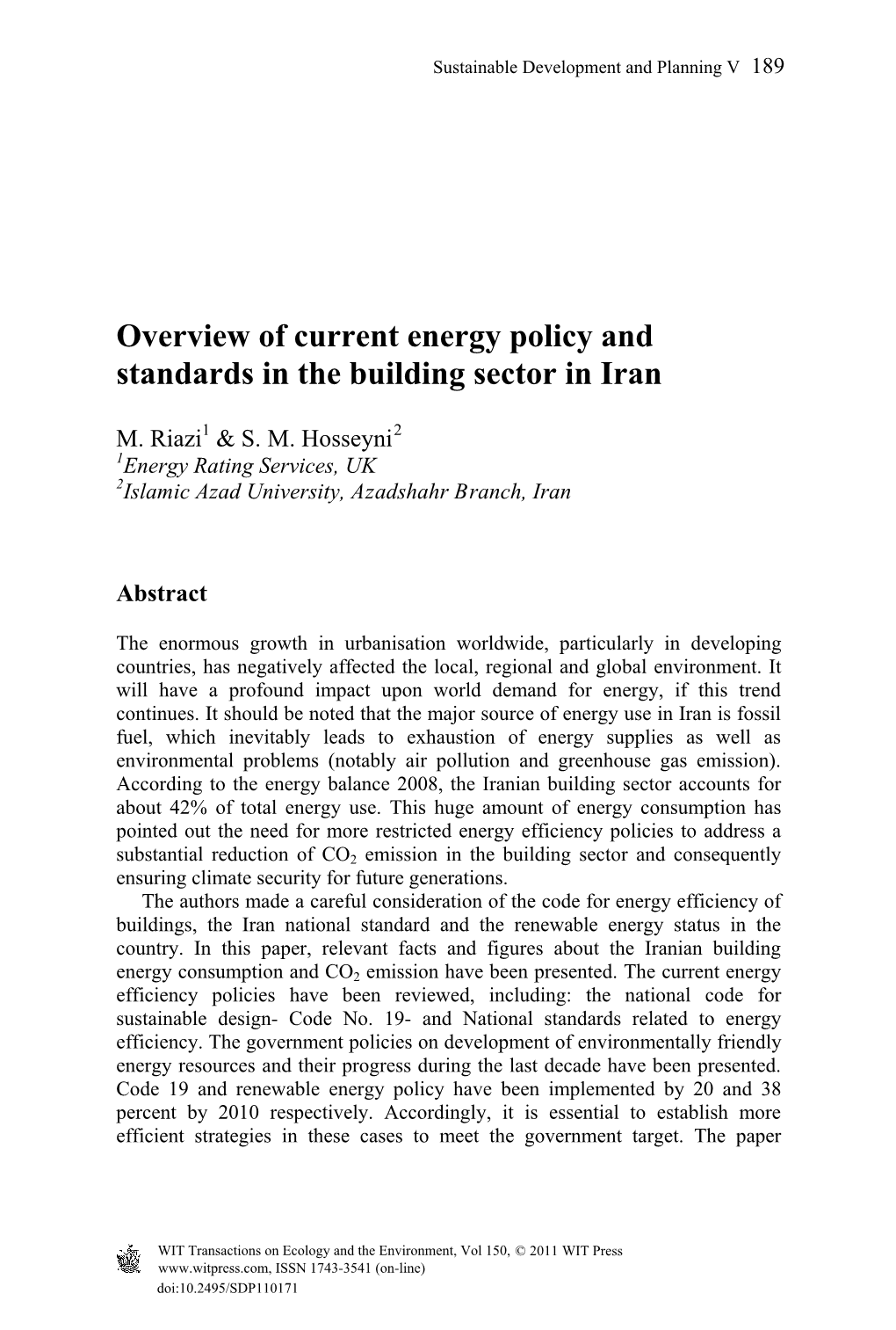 Overview of Current Energy Policy and Standards in the Building Sector in Iran