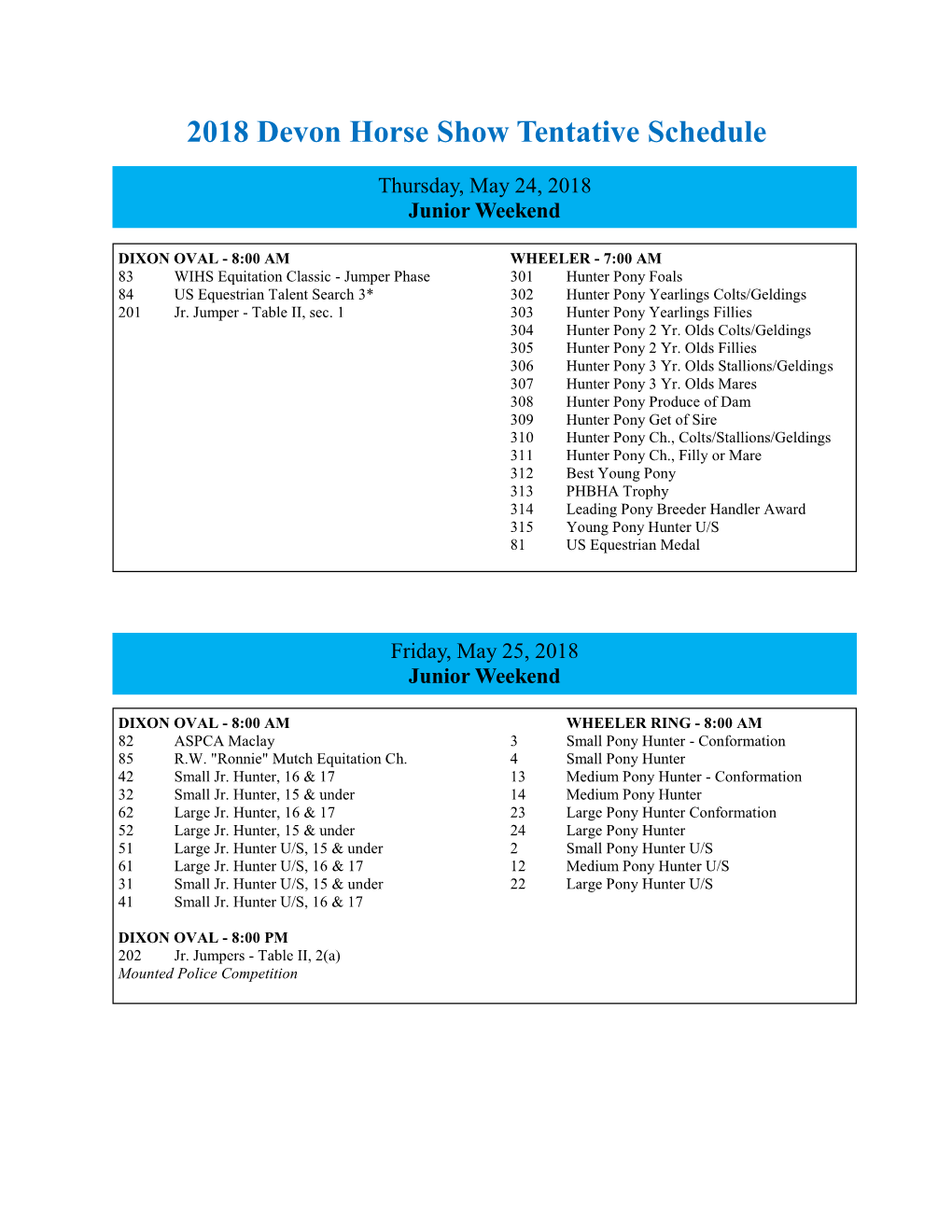 2018 Devon Horse Show Tentative Schedule