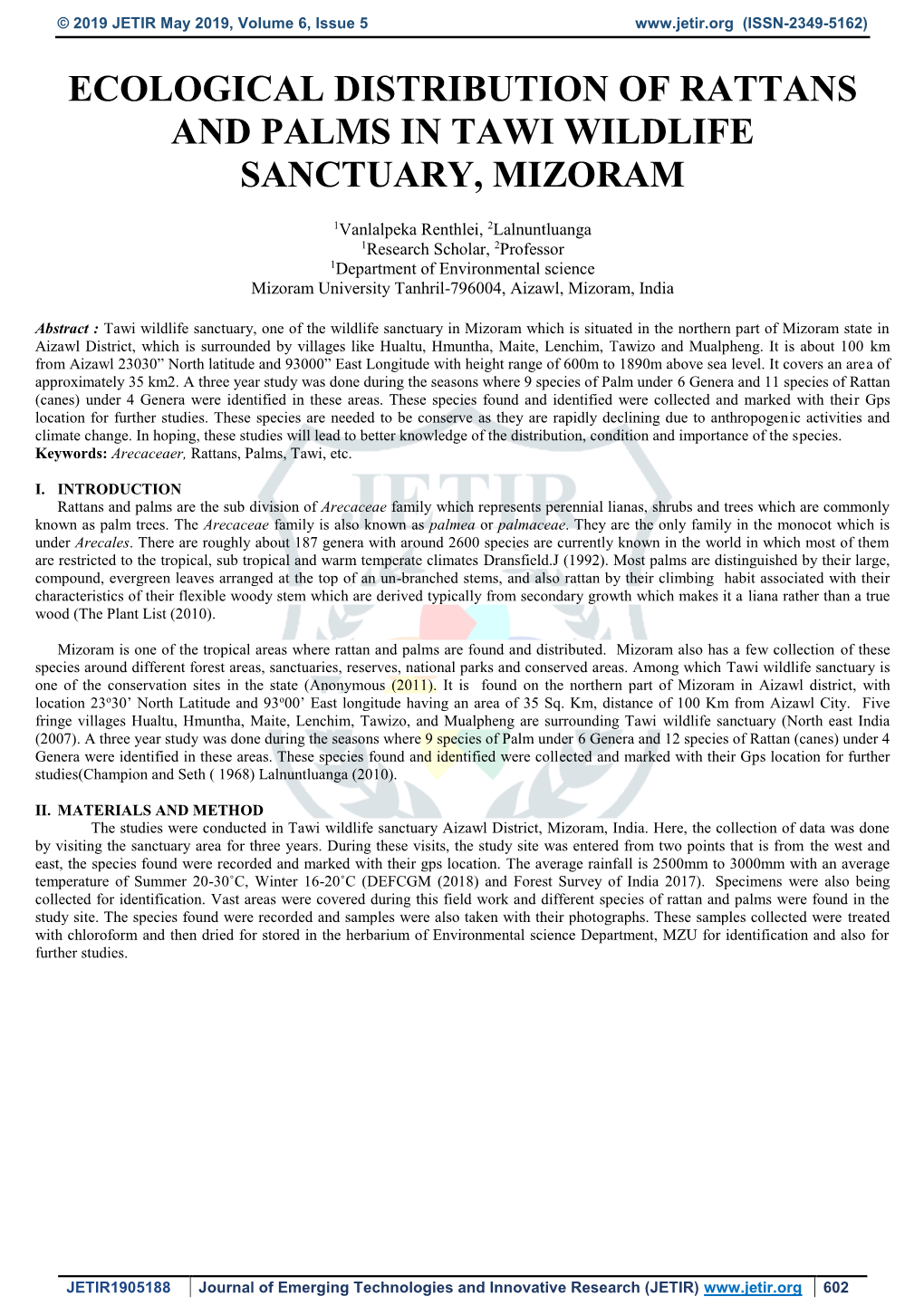 Ecological Distribution of Rattans and Palms in Tawi Wildlife Sanctuary, Mizoram