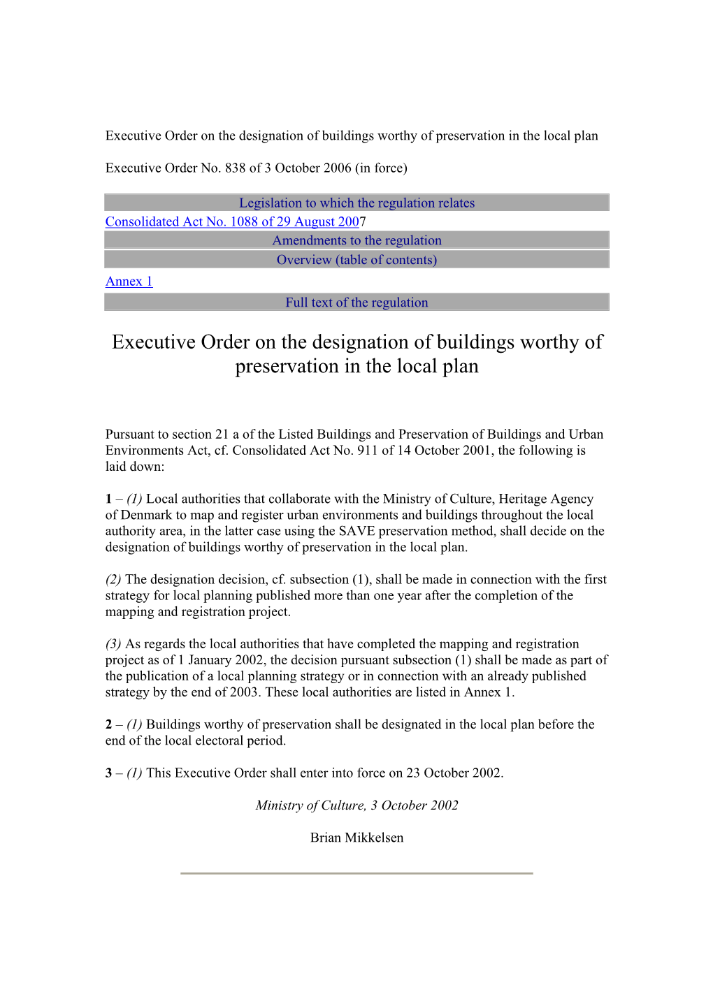 Executive Order on the Designation of Buildings Worthy of Preservation in the Local Plan