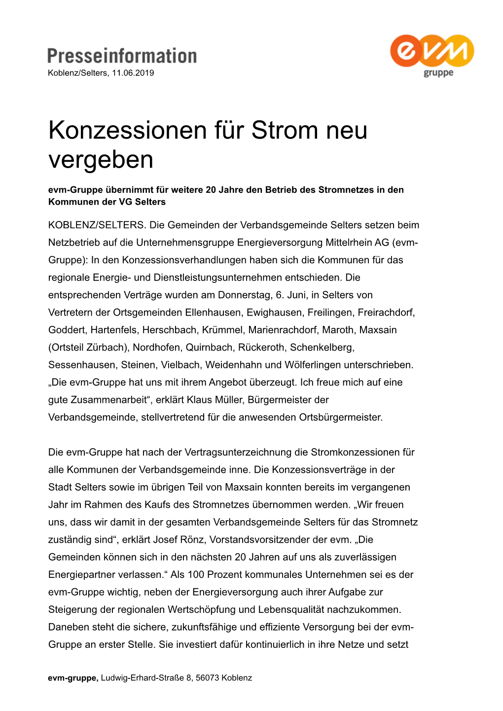 Konzessionen Für Strom Neu Vergeben Evm-Gruppe Übernimmt Für Weitere 20 Jahre Den Betrieb Des Stromnetzes in Den Kommunen Der VG Selters