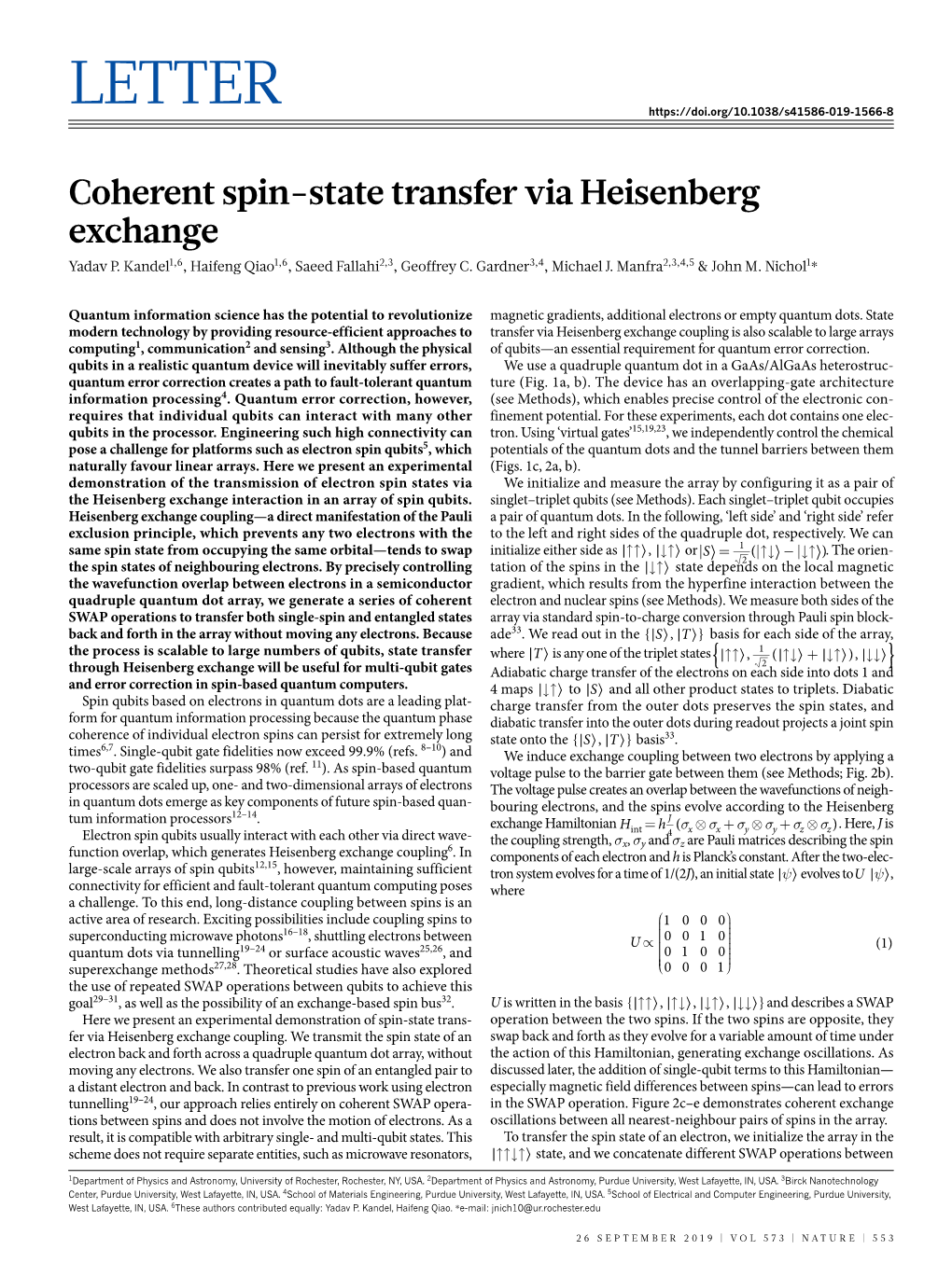 Coherent Spin-State Transfer Via Heisenberg Exchange Yadav P