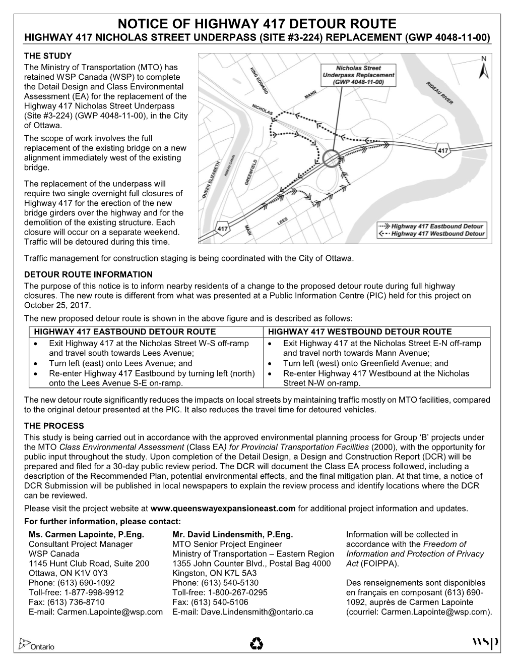 Notice of Highway 417 Detour Route Highway 417 Nicholas Street Underpass (Site #3-224) Replacement (Gwp 4048-11-00)