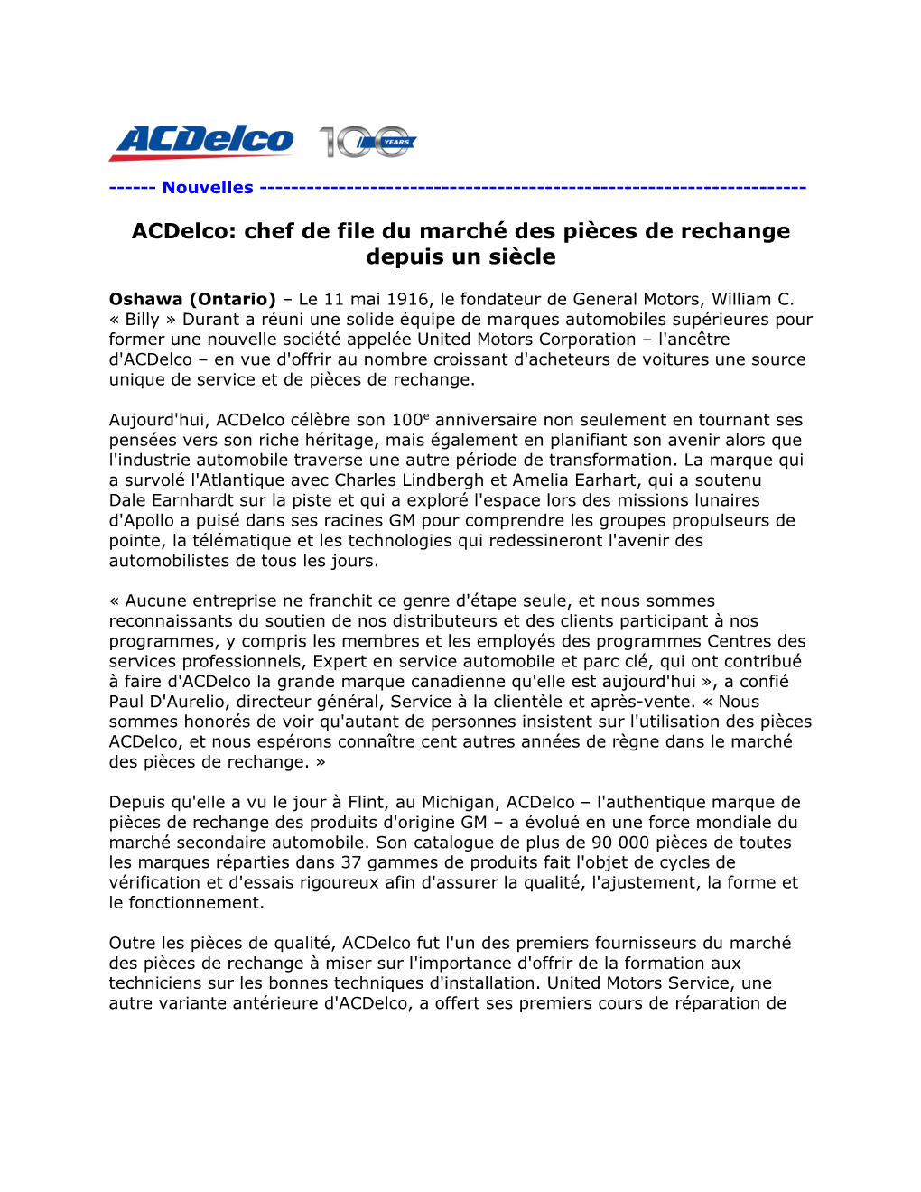 Acdelco: Chef De File Du Marché Des Pièces De Rechange Depuis Un Siècle