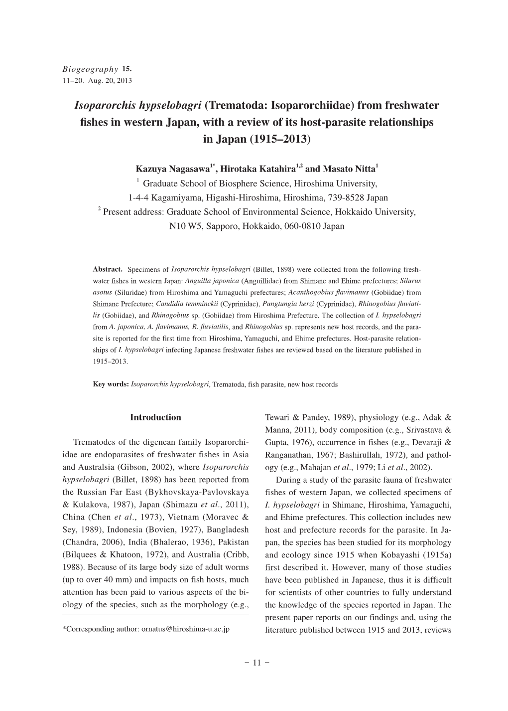 Trematoda: Isoparorchiidae) from Freshwater Fishes in Western Japan, with a Review of Its Host-Parasite Relationships in Japan (1915–2013