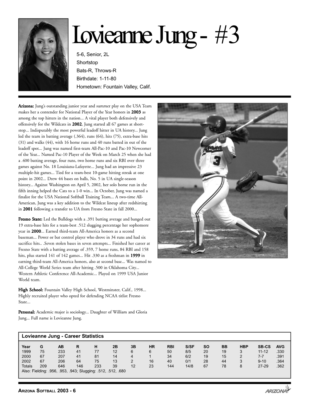 Lovieanne Jung - #3 5-6, Senior, 2L Shortstop Bats-R, Throws-R Birthdate: 1-11-80 Hometown: Fountain Valley, Calif