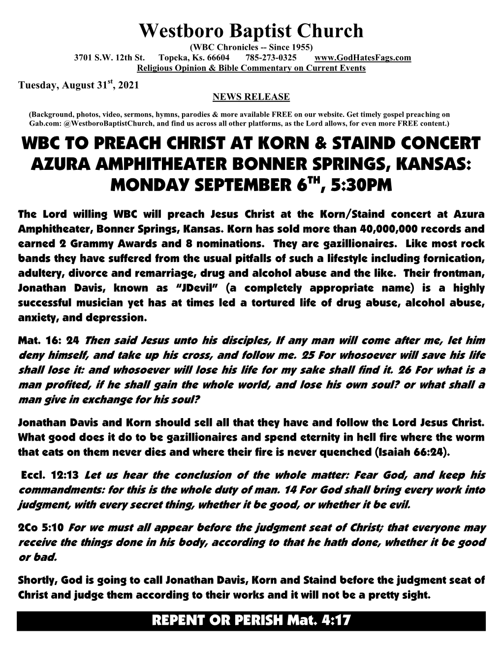 WBC to Picket Korn in Bonner Springs, Kansas