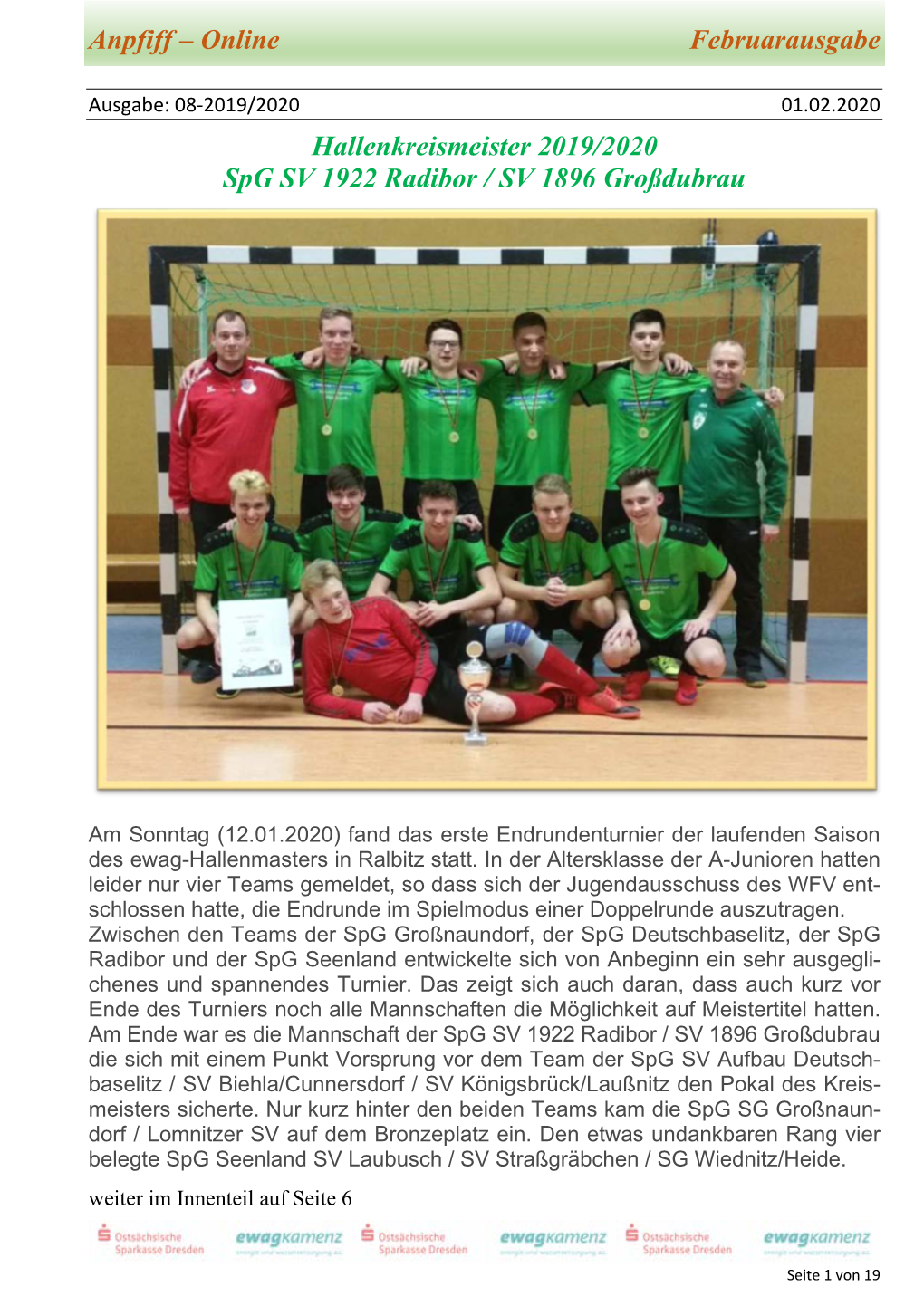 Anpfiff – Online Februarausgabe Hallenkreismeister 2019/2020 Spg SV 1922 Radibor / SV 1896 Großdubrau