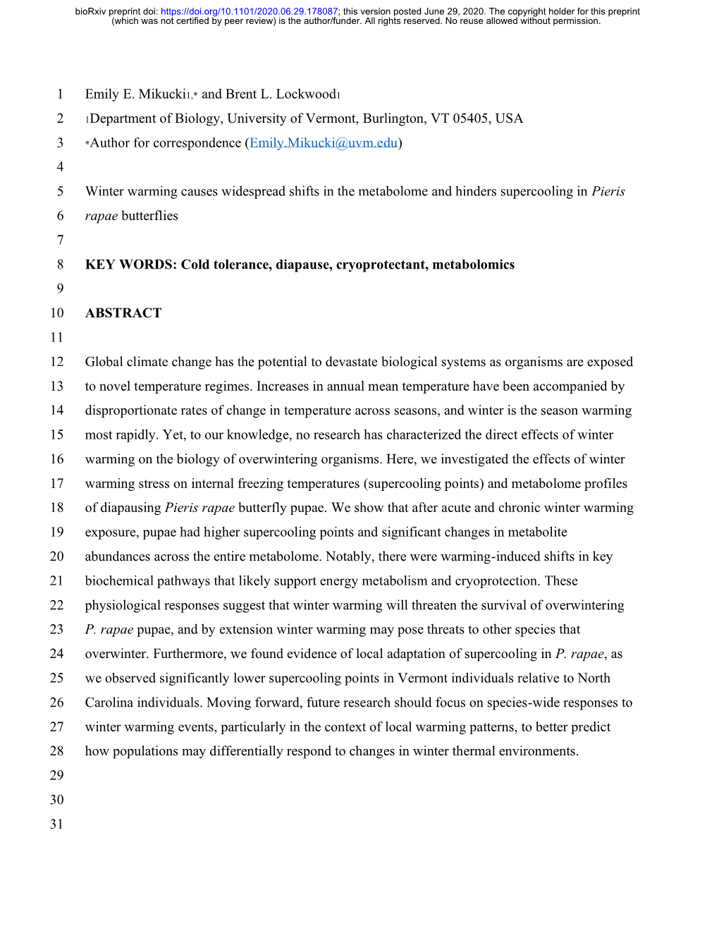 Winter Warming Causes Widespread Shifts in the Metabolome And