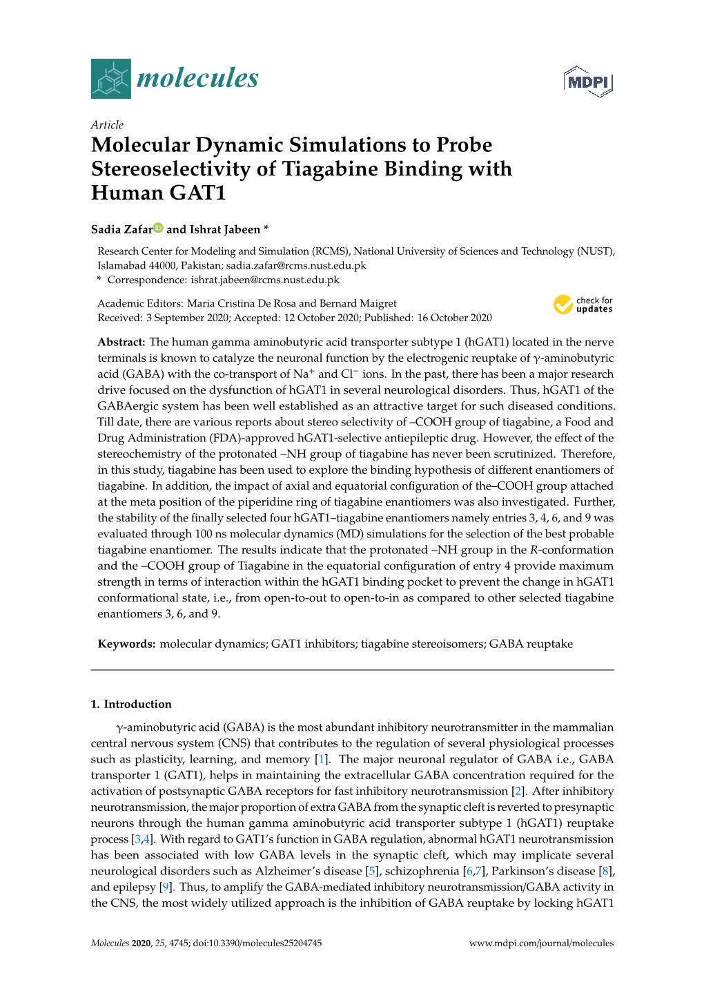 Molecular Dynamic Simulations to Probe Stereoselectivity of Tiagabine Binding with Human GAT1