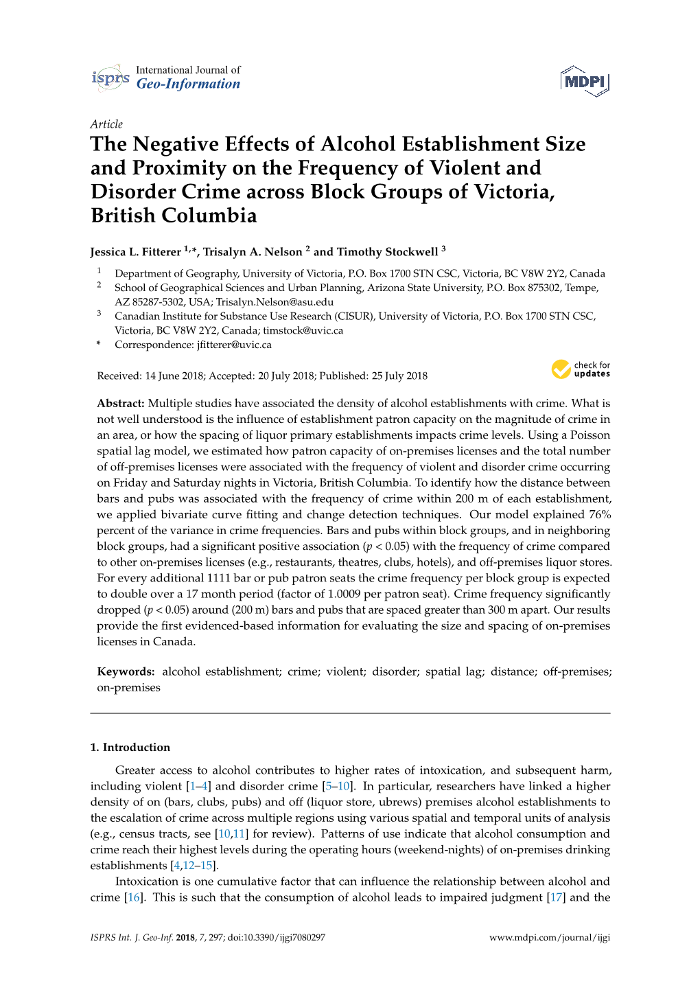 The Negative Effects of Alcohol Establishment Size and Proximity on the Frequency of Violent and Disorder Crime Across Block Groups of Victoria, British Columbia