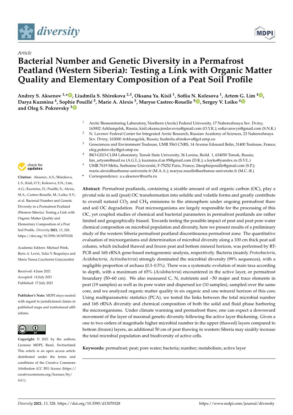 Bacterial Number and Genetic Diversity in a Permafrost Peatland (Western Siberia): Testing a Link with Organic Matter Quality An