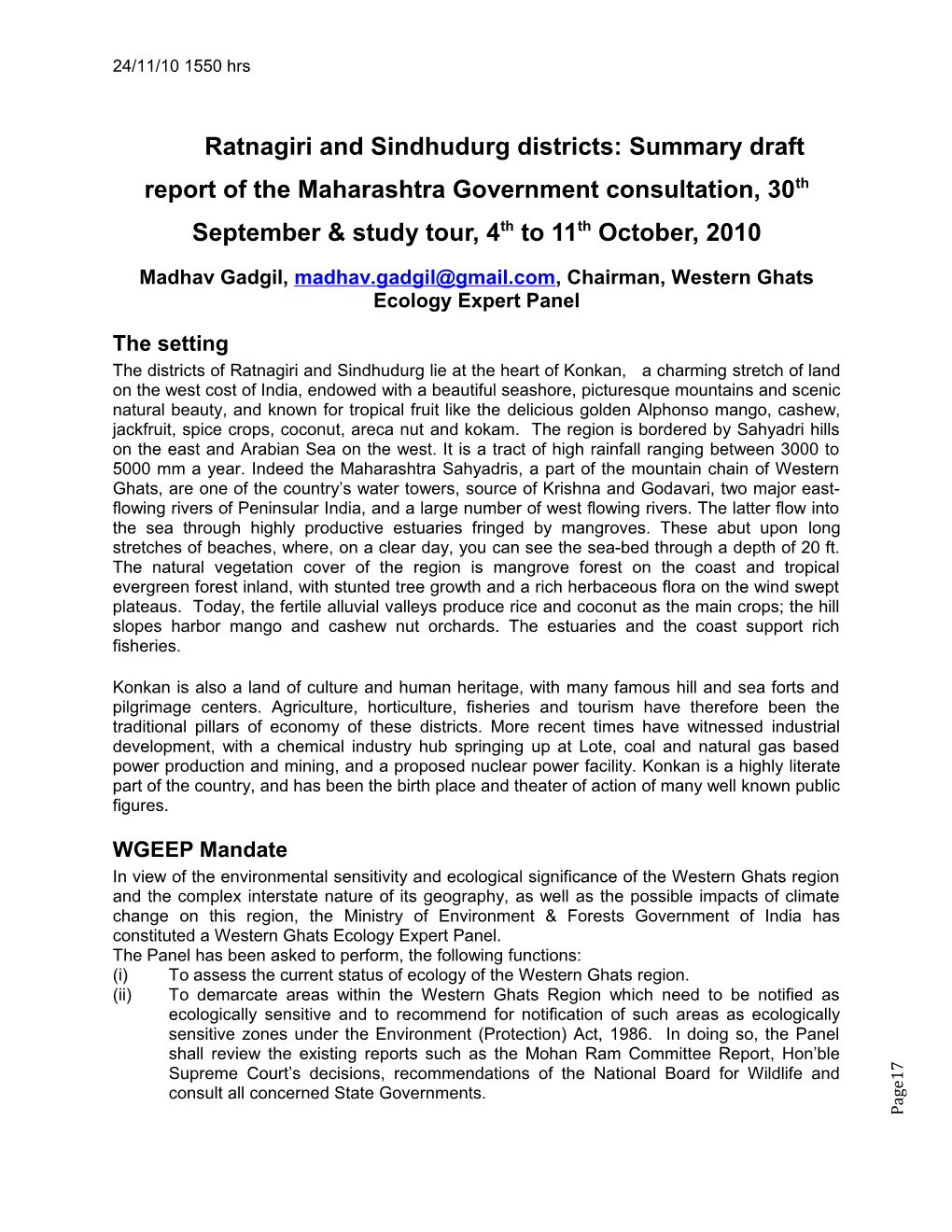 Ratnagiri And Sindhudurg Districts: Summary Report Of The Maharashtra Government Consultation, 30Th September & Study Tour