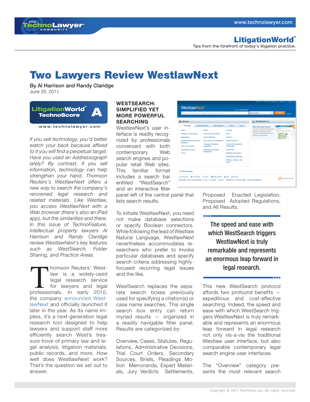 Two Lawyers Review Westlawnext by Al Harrison and Randy Claridge June 28, 2011