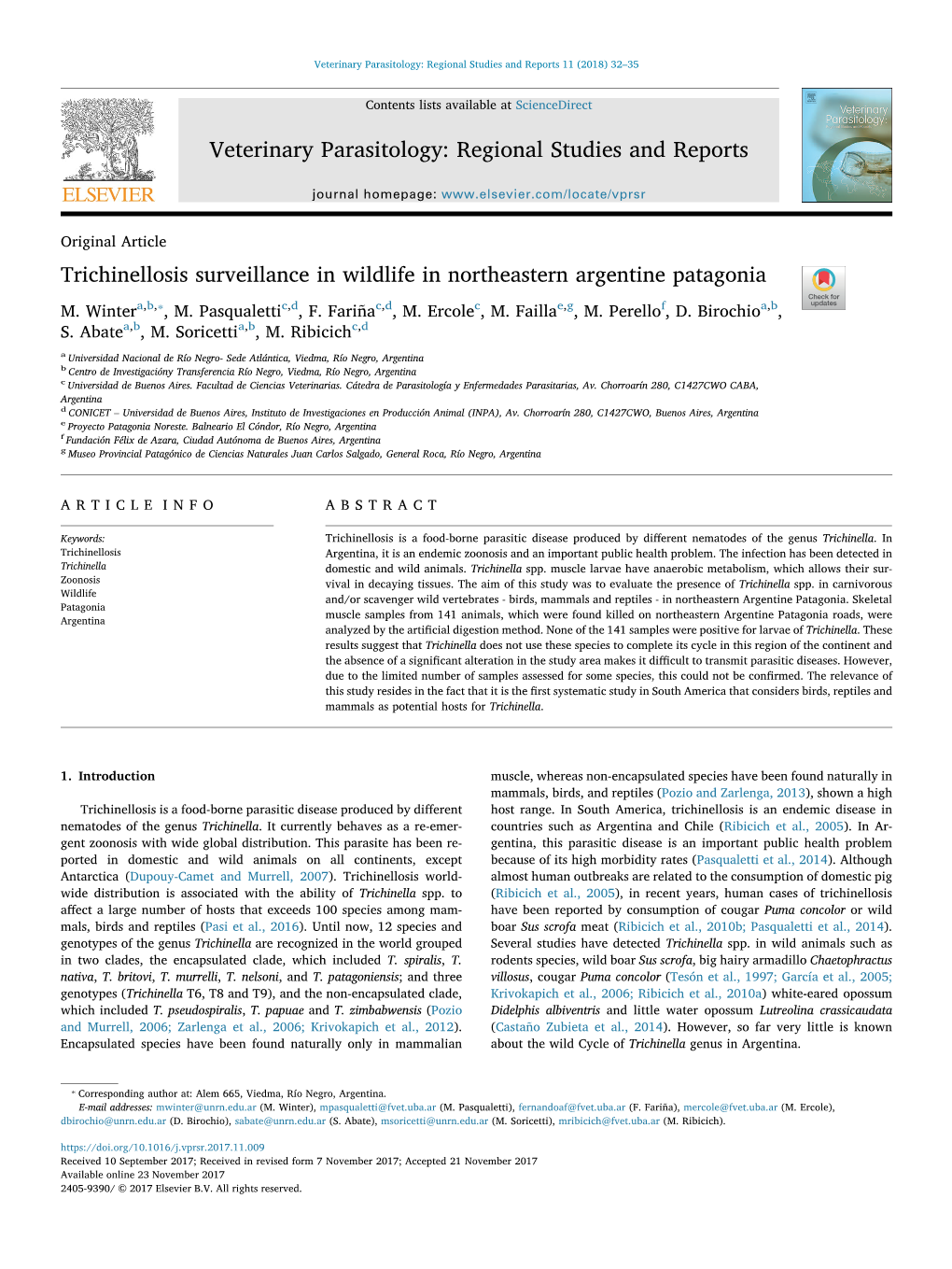 Trichinellosis Surveillance in Wildlife in Northeastern Argentine Patagonia T ⁎ M