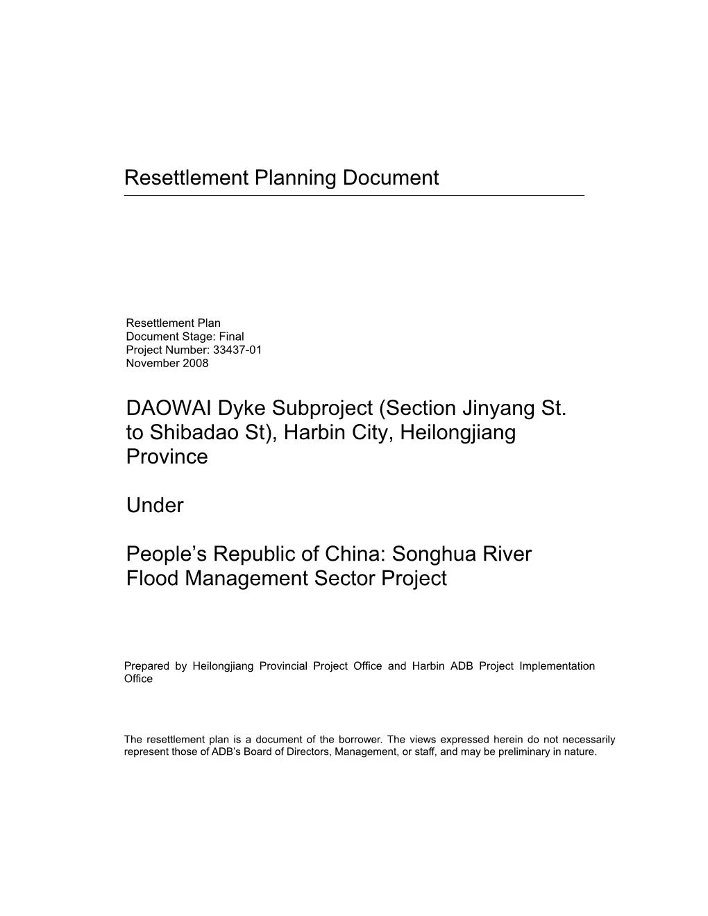 Resettlement Plan for Daowai Dyke Subproject