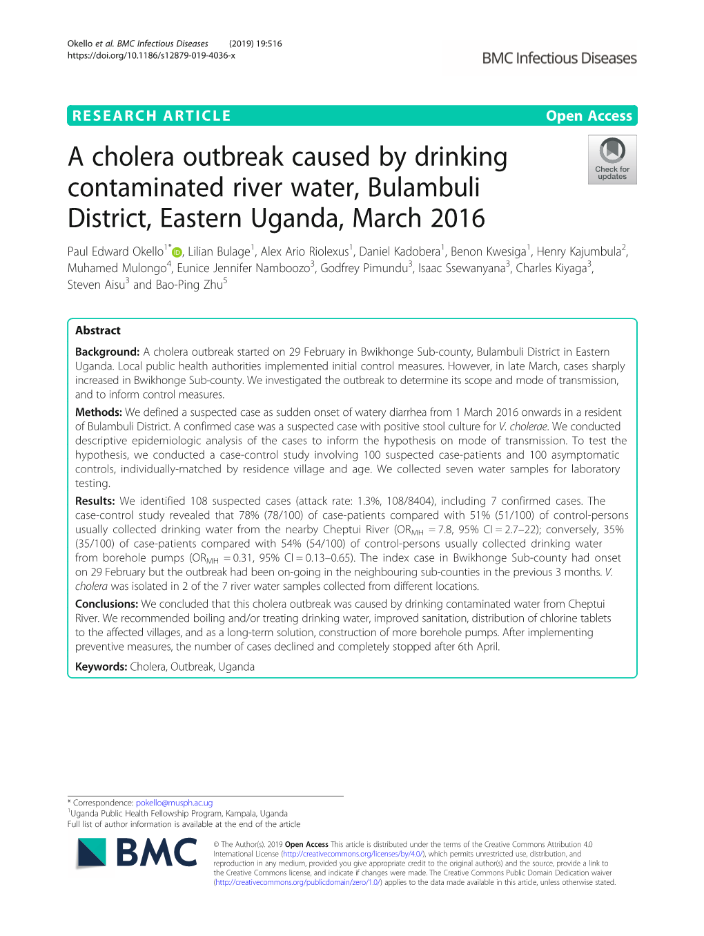 A Cholera Outbreak Caused by Drinking Contaminated River Water