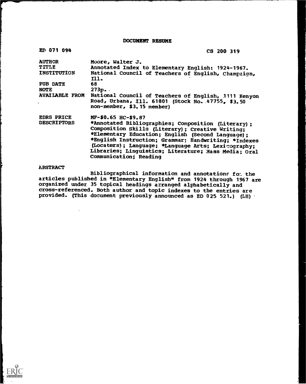 Annotated Index to Elementary English: 1924-1967. INSTITUTION National Council of Teachers of English, Champaign, Ill