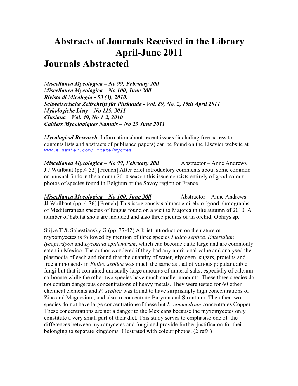 Abstracts of Journals Received in the Library April-June 2011 Journals Abstracted