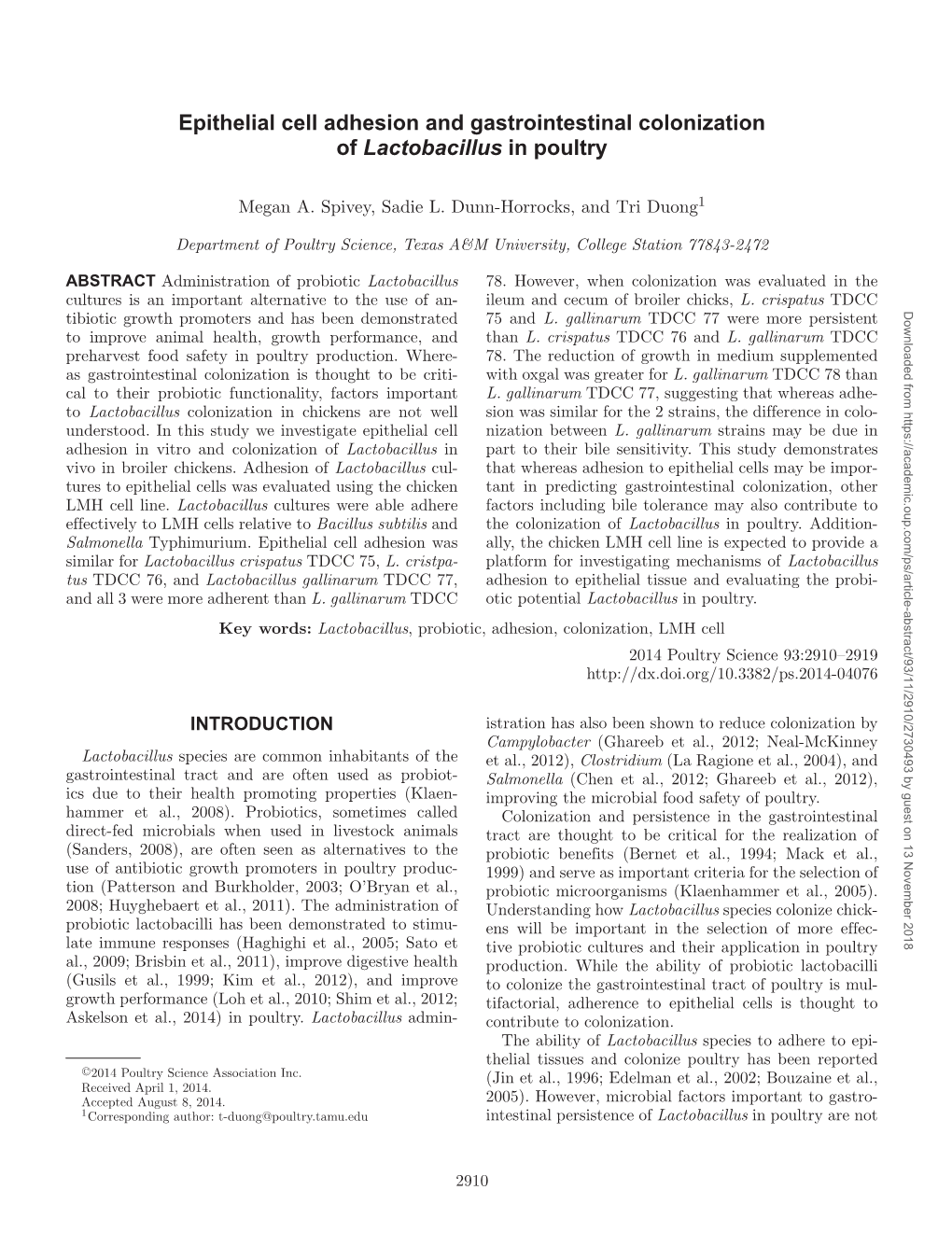 Epithelial Cell Adhesion and Gastrointestinal Colonization of Lactobacillus in Poultry