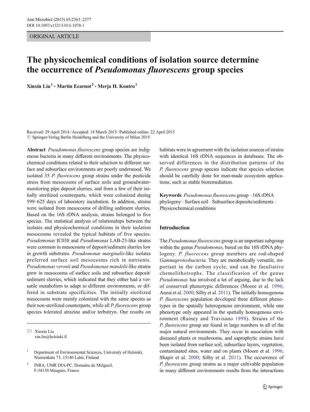 The Physicochemical Conditions of Isolation Source Determine the Occurrence of Pseudomonas Fluorescens Group Species