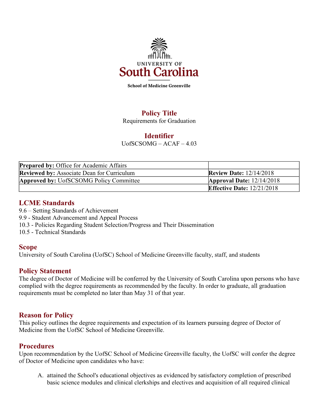 Policy Title Identifier LCME Standards