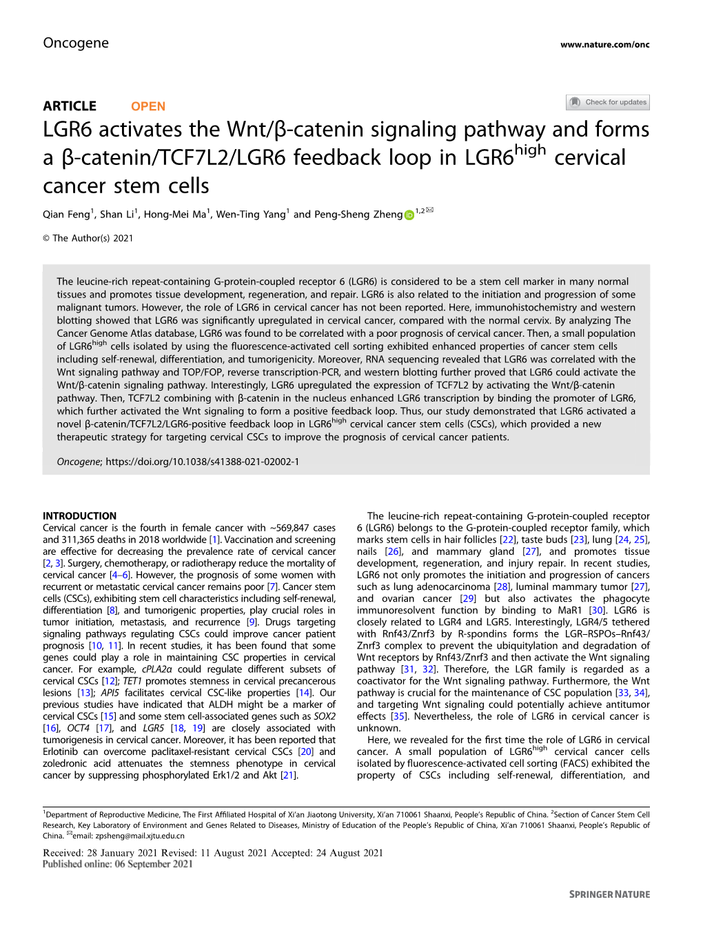 LGR6 Activates the Wnt/Β-Catenin Signaling Pathway And