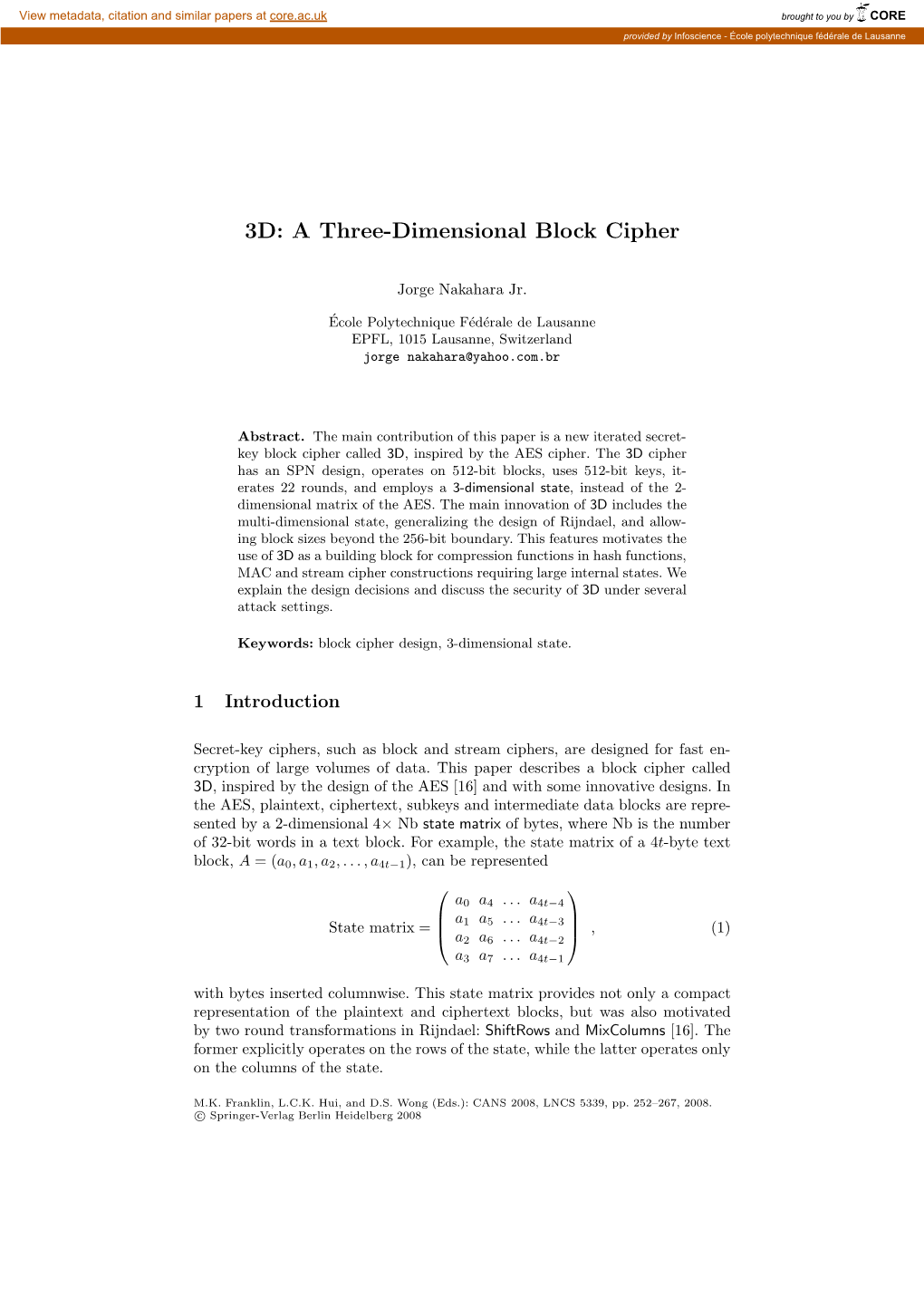 A Three-Dimensional Block Cipher