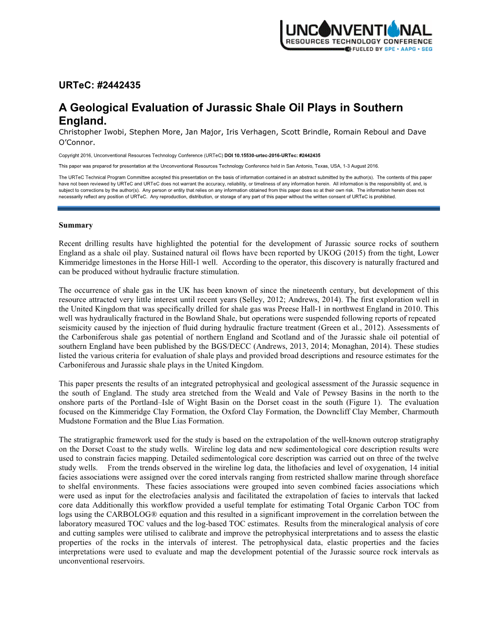 A Geological Evaluation of Jurassic Shale Oil Plays in Southern England