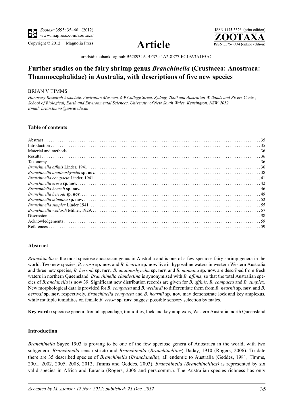 Further Studies on the Fairy Shrimp Genus Branchinella (Crustacea: Anostraca: Thamnocephalidae) in Australia, with Descriptions of Five New Species