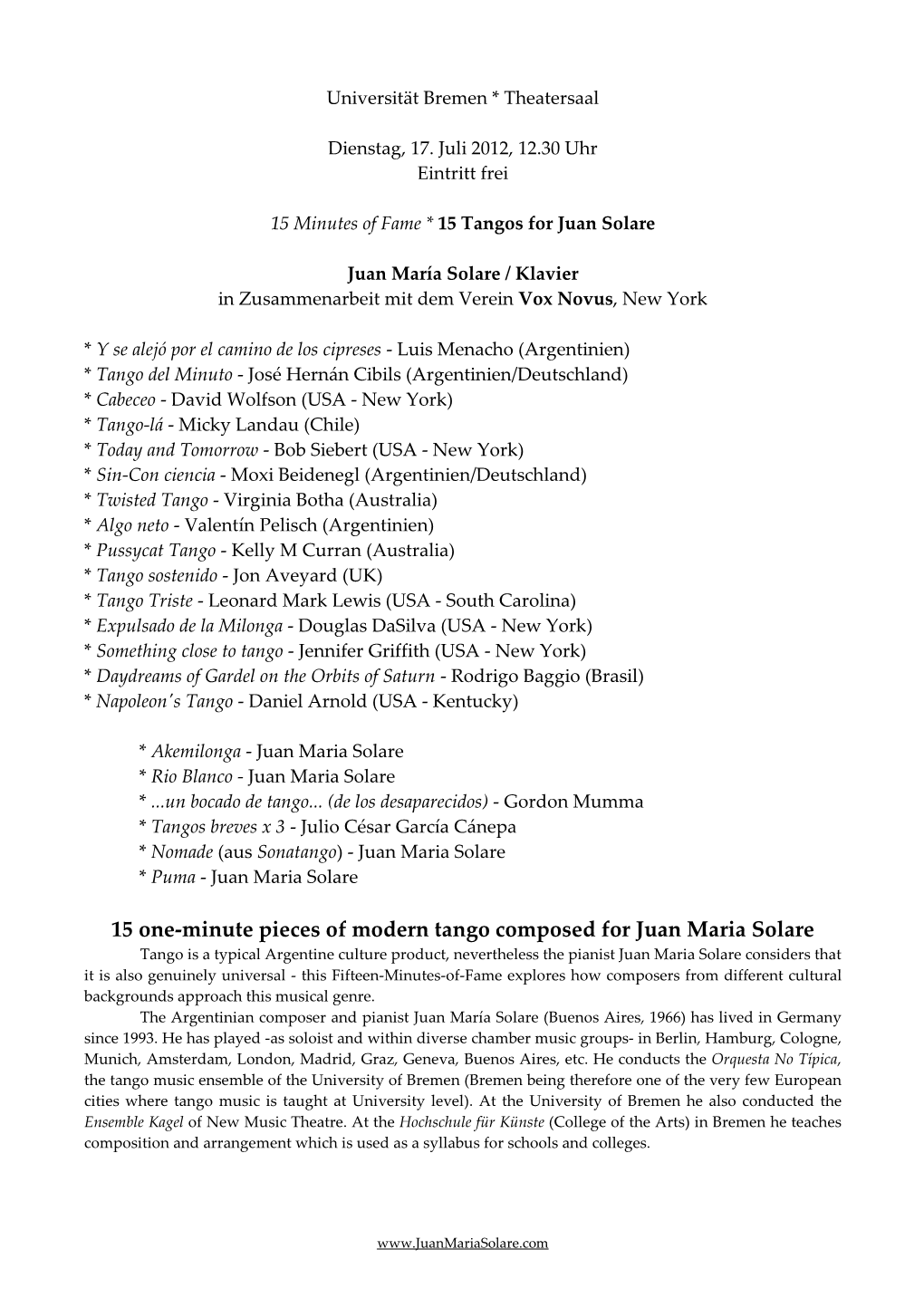 15 Tangos for Juan Solare * for Piano