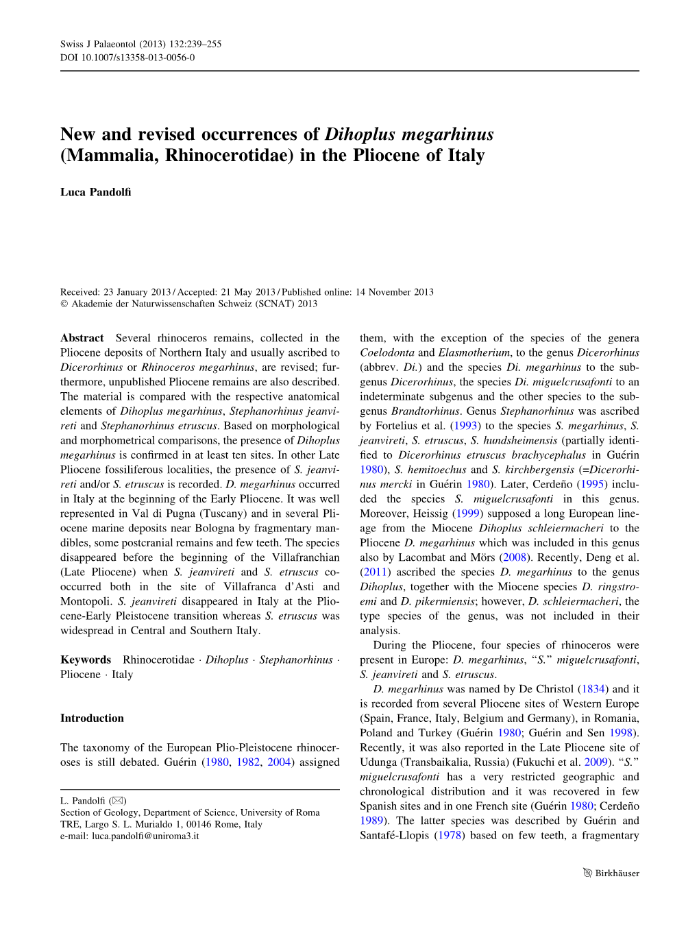 (Mammalia, Rhinocerotidae) in the Pliocene of Italy