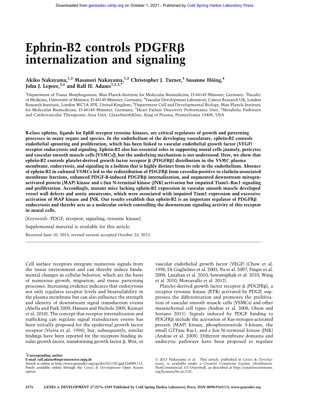 Ephrin-B2 Controls Pdgfrb Internalization and Signaling