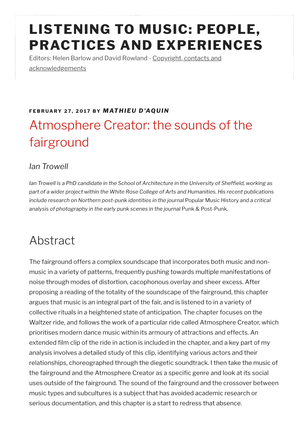 LISTENING to MUSIC: PEOPLE, PRACTICES and EXPERIENCES Editors: Helen Barlow and David Rowland - Copyright, Contacts and Acknowledgements