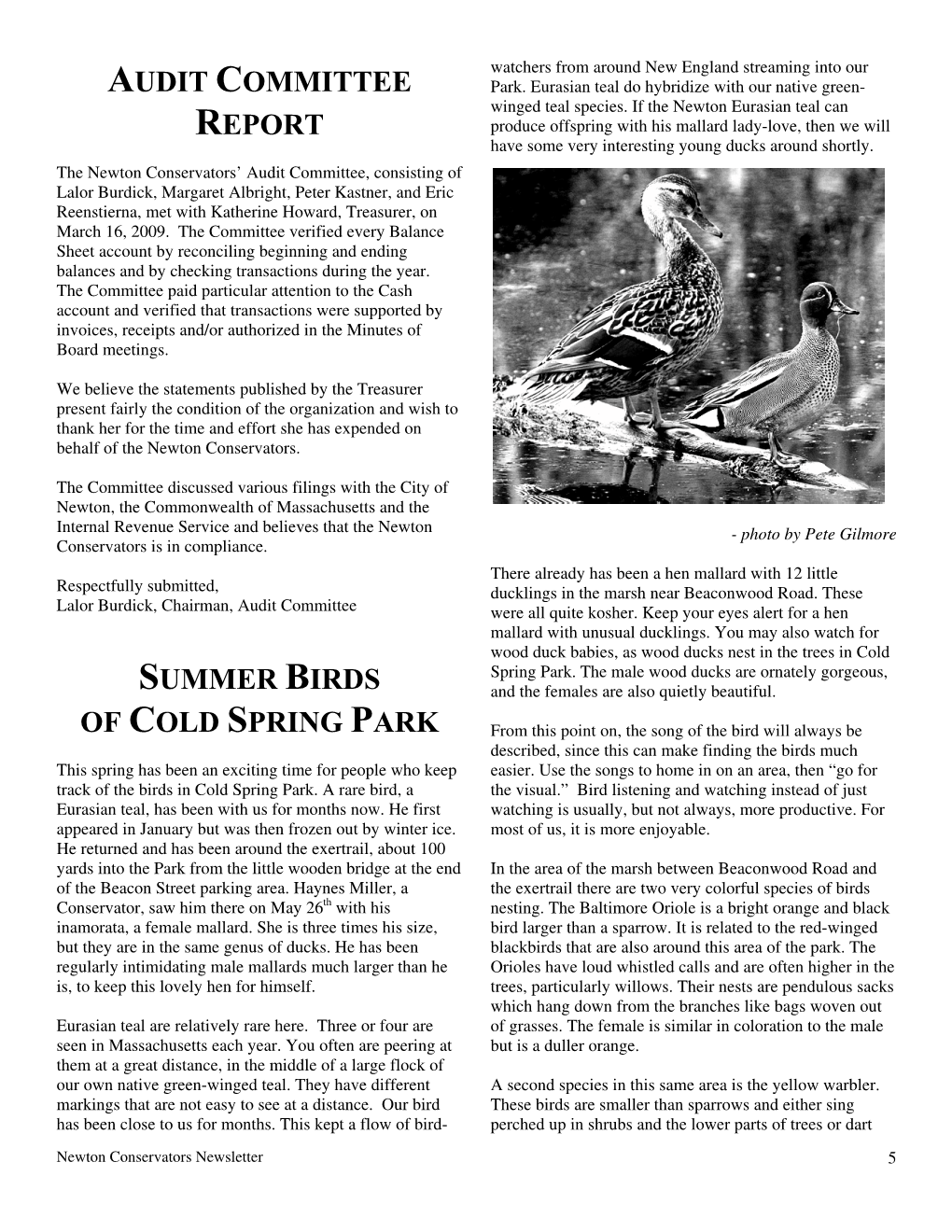 Audit Committee Report Summer Birds of Cold Spring Park