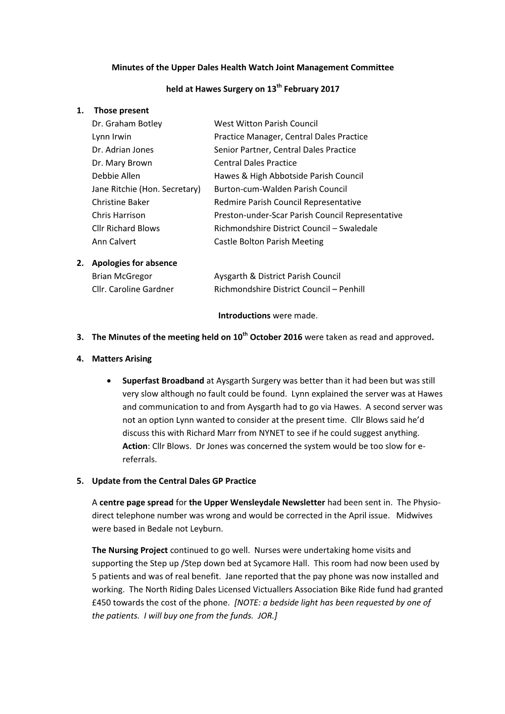 Minutes of the Upper Dales Health Watch Joint Management Committee