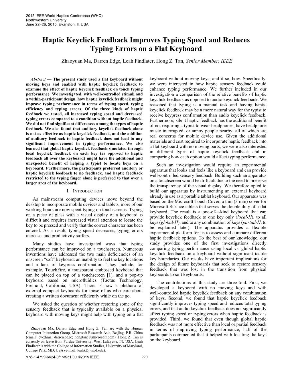 Haptic Keyclick Feedback Improves Typing Speed and Reduces Typing Errors on a Flat Keyboard