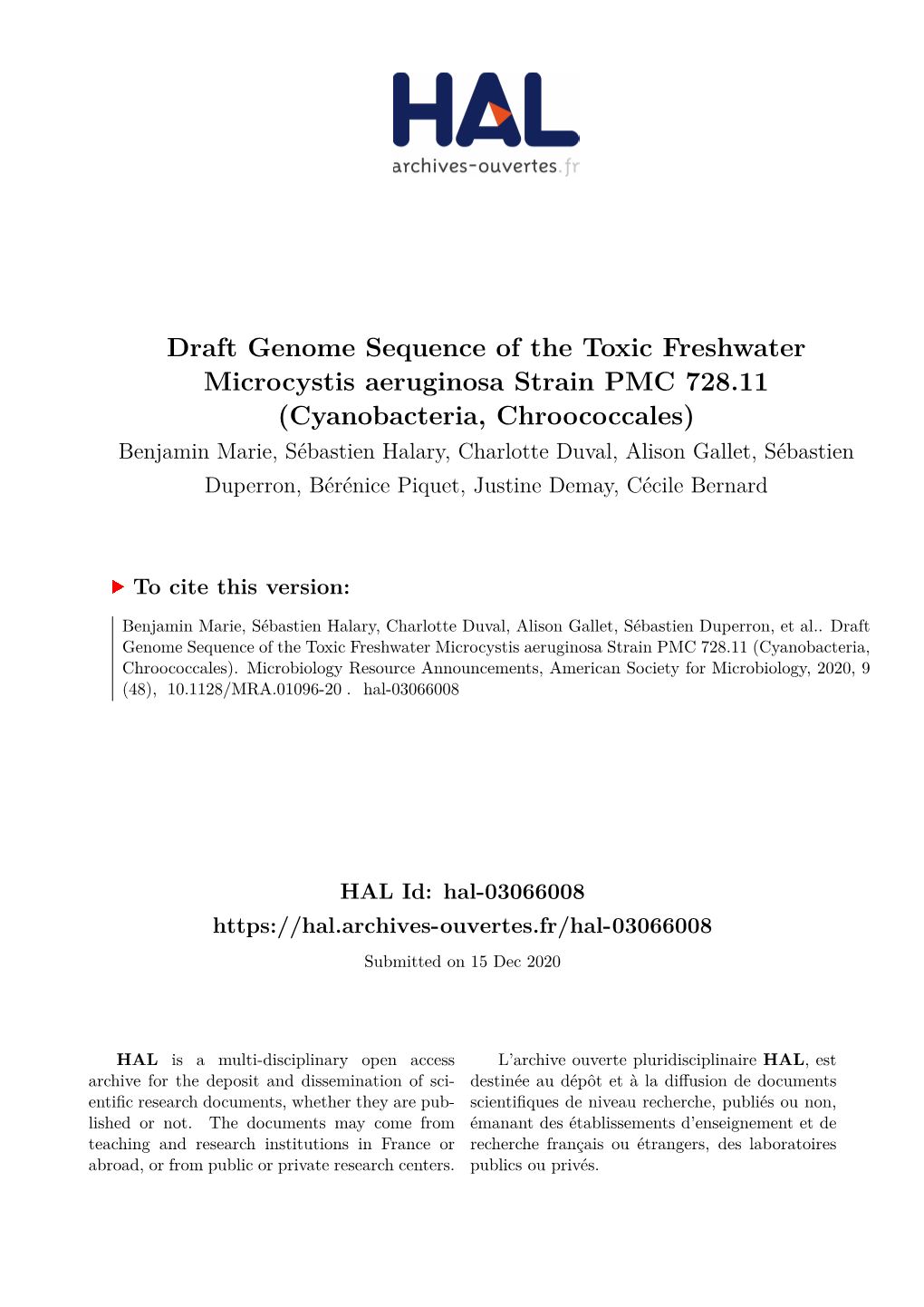 Draft Genome Sequence of the Toxic Freshwater Microcystis Aeruginosa