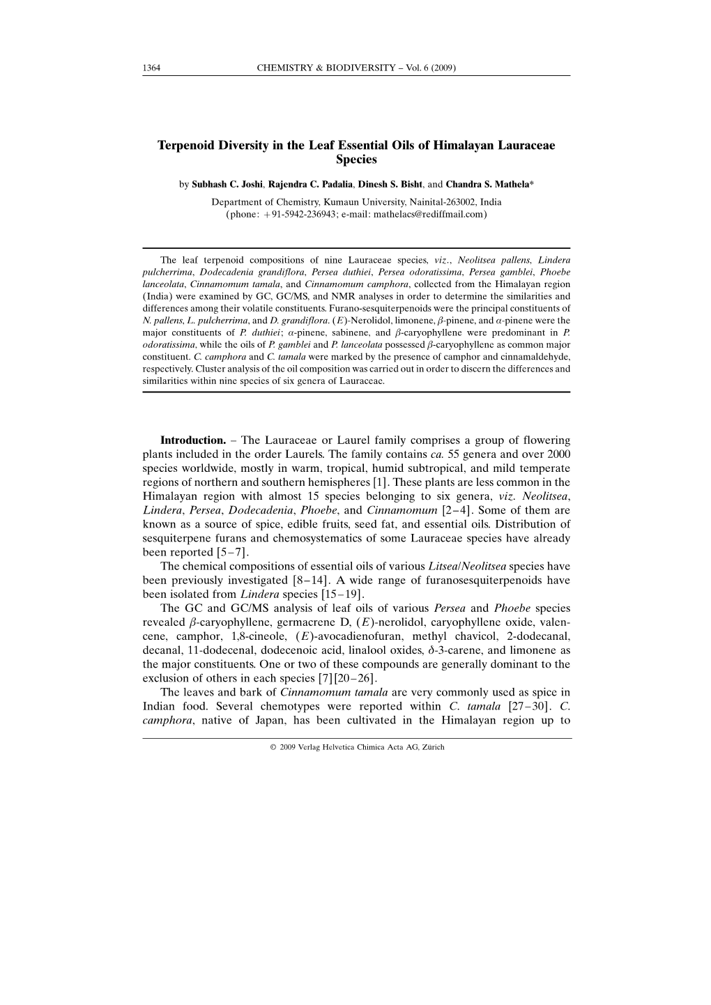 Terpenoid Diversity in the Leaf Essential Oils of Himalayan Lauraceae Species